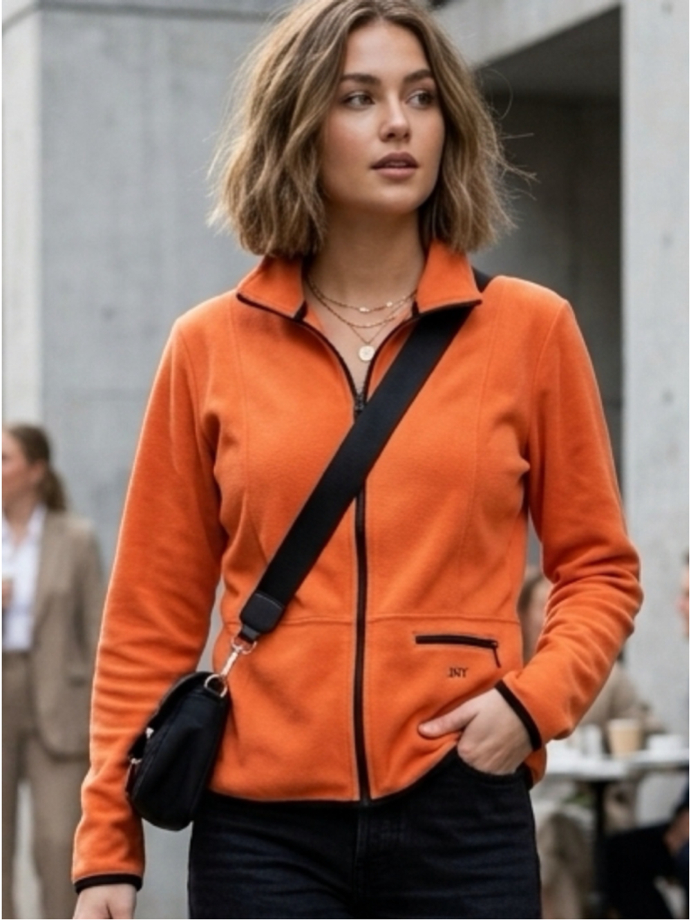 JNY Jones New York Orange Full Zip Microfleece Black Trim Track Jacket L 1543